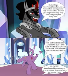 Size: 1280x1440 | Tagged: safe, artist:davidpinskton117, artist:sollace, derpibooru import, edit, edited screencap, idw, screencap, king sombra, radiant hope, pony, the beginning of the end, the times they are a changeling, .svg available, alternate universe, background, concubine, crystal empire, female, hopebra, image, imminent kissing, imminent sex, implied sex, male, png, shipping, shipping domino, show accurate, speech bubble, straight, throne room, vector