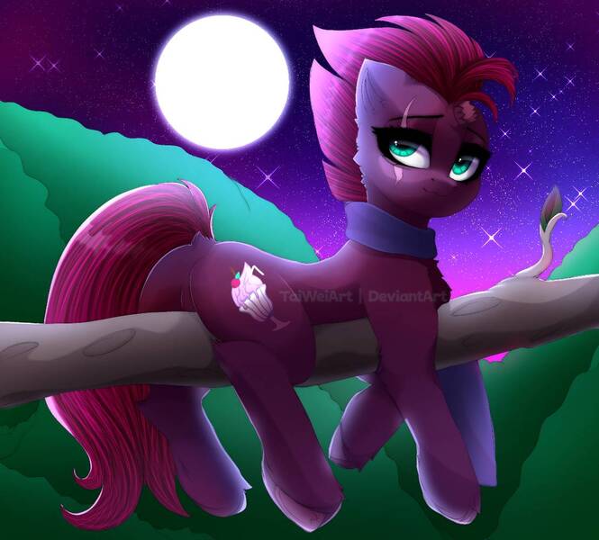 Size: 1108x1000 | Tagged: safe, artist:taiweiart, derpibooru import, fizzlepop berrytwist, tempest shadow, pony, unicorn, broken horn, butt, dock, eye scar, facial scar, featureless crotch, female, full moon, horn, image, jpeg, mare, moon, night, plot, scar, solo, tail, tree branch, watermark