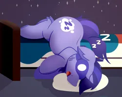 Size: 1768x1404 | Tagged: safe, artist:rhythmpixel, derpibooru import, oc, oc:snoozebutton, unofficial characters only, pony, unicorn, bed, image, male, onomatopoeia, png, sleep mask, sleeping, solo, sound effects, stallion, zzz