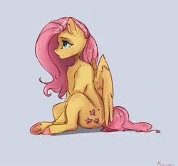 Size: 2642x2460 | Tagged: safe, artist:miokomata, derpibooru import, fluttershy, pegasus, pony, colored hooves, female, freckles, freckleshy, high res, image, jpeg, mare, purple background, signature, simple background, sitting, solo