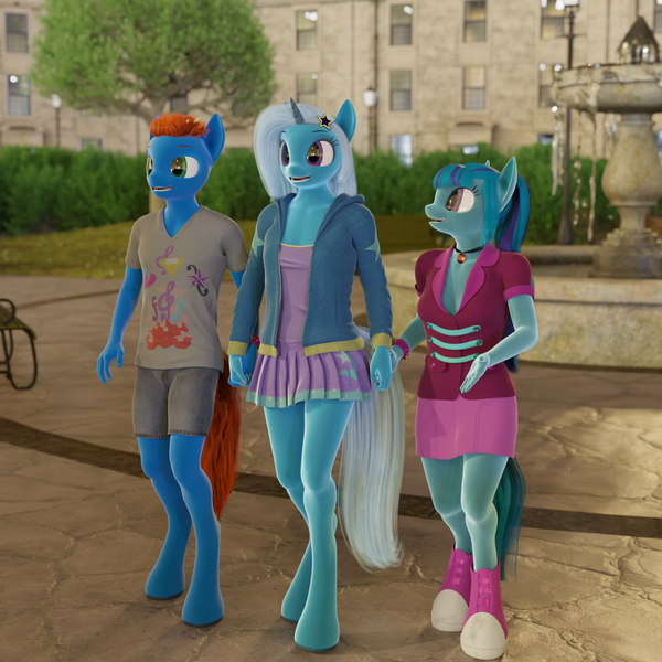 Size: 1536x1536 | Tagged: safe, artist:stellarator, derpibooru import, sonata dusk, trixie, oc, oc:smoothie, anthro, unguligrade anthro, comic:we will be adored, comic:we will be adored part 47, 3d, blender, blender cycles, canon x oc, cycles render, image, not sfm, png, shipping