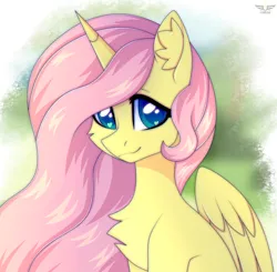 Size: 2350x2300 | Tagged: safe, artist:leah minik, derpibooru import, fluttershy, alicorn, pony, alicornified, bust, chest fluff, cute, ear fluff, fluttercorn, folded wings, heart, heart eyes, image, long mane, looking at you, png, race swap, smiling, smiling at you, solo, wingding eyes, wings