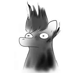 Size: 1584x1584 | Tagged: safe, artist:tjpones, derpibooru import, oc, oc:tjpones, unofficial characters only, earth pony, pony, black and white, burnt, bust, grayscale, image, male, monochrome, png, simple background, singed, smoke, solo, stallion, white background