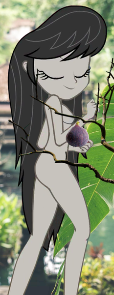 Size: 311x801 | Tagged: questionable, derpibooru import, octavia melody, equestria girls, adam and eve, ass, background, breasts, butt, complete nudity, eyes closed, forbidden fruit, fruit, garden of eden, image, leaf, nudity, photo, plant, png, pond, solo, tree branch, water