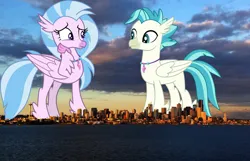 Size: 2048x1323 | Tagged: safe, artist:cloudyglow, artist:sonofaskywalker, derpibooru import, silverstream, terramar, classical hippogriff, hippogriff, pony, brother and sister, duo, female, giant hippogriff, gigastream, highrise ponies, image, irl, jewelry, jpeg, male, mega giant, necklace, photo, ponies in real life, seattle, siblings, story included, washington