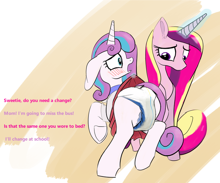 Size: 1733x1442 | Tagged: questionable, artist:drasill, derpibooru import, princess cadance, princess flurry heart, alicorn, pony, blushing, clothes, dialogue, diaper, diaper fetish, duo, duo female, ear fluff, embarrassed, female, fetish, floppy ears, image, magic, mother and child, mother and daughter, older, older flurry heart, open mouth, png, raised hoof, raised leg, school uniform, skirt, skirt lift, wet diaper, worried