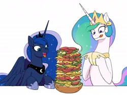 Size: 1233x927 | Tagged: safe, artist:moetempura, derpibooru import, princess celestia, princess luna, alicorn, pony, bread, cheese, colored, crown, cute, cutelestia, dagwood sandwich, duo, ethereal mane, ethereal tail, eyelashes, female, food, height difference, hoof shoes, hooves on the table, hooves together, hungry, image, imminent nom, jewelry, jpeg, lettuce, licking, licking lips, long mane, looking at something, lunabetes, majestic as fuck, missing wing, open mouth, partially open wings, peytral, princess shoes, reference in the description, reference to another series, regalia, royal sisters, sandwich, sauce, siblings, simple background, sisters, sketch, slim, smiling, sparkles, starry mane, starry tail, table, tail, tall, tomato, tongue out, wall of tags, white background, wings