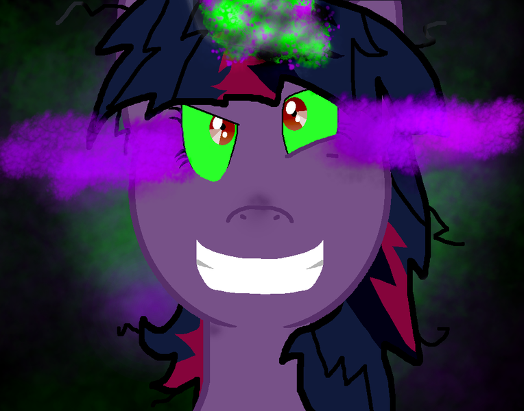 Size: 1008x792 | Tagged: safe, artist:pokemon-fireevee, derpibooru import, twilight sparkle, twilight sparkle (alicorn), alicorn, pony, dark magic, dark twilight, dark twilight sparkle, darkened coat, darkened hair, glow, glowing horn, gradient background, grin, horn, image, magic, messy mane, png, psychotic, smiling, solo, sombra eyes