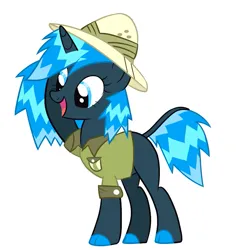 Size: 657x657 | Tagged: safe, artist:frootidragon, derpibooru import, daring do, oc, oc:abyssal "abby" star, unofficial characters only, pony, unicorn, beyond this world, black coat, blue eyes, blue mane, clothes, female, fluffy mane, hat, image, mare, missing cutie mark, open mouth, png, shirt, simple background, smiling, solo, uniform, white background