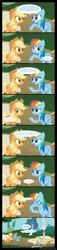 Size: 3978x17500 | Tagged: safe, artist:iamcommando13, derpibooru import, applejack, derpy hooves, rainbow dash, bird, duck, earth pony, pegasus, pony, 2012, behaving like a duck, bench, comic, derpy being derpy, derpy doing derpy things, duckling, female, high res, image, mare, png, quack, scrunchy face, thumbnail is a stick