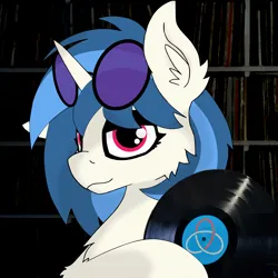 Size: 3659x3659 | Tagged: safe, artist:kotwitz, derpibooru import, vinyl scratch, unicorn, alternate hairstyle, bust, chest fluff, derpibooru exclusive, ear fluff, floppy ears, glasses, holding, hoof fluff, image, lidded eyes, looking at you, one ear down, png, portrait, record, smiling, smiling at you, solo