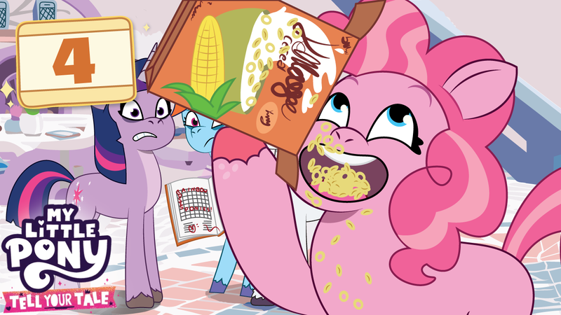 Size: 1281x720 | Tagged: safe, artist:prixy05, derpibooru import, edit, edited screencap, screencap, pinkie pie, rainbow dash, rarity, twilight sparkle, earth pony, pegasus, pony, unicorn, my little pony: tell your tale, nightmare roommate, spoiler:g5, spoiler:my little pony: tell your tale, spoiler:tyts01e04, bags under eyes, book, cereal, cereal box, crossword puzzle, food, frown, g4, g4 to g5, g5, generation leap, gritted teeth, group, image, open mouth, open smile, png, pouring, quartet, smiling, teeth, tired, unicorn twilight, unshorn fetlocks, youtube thumbnail