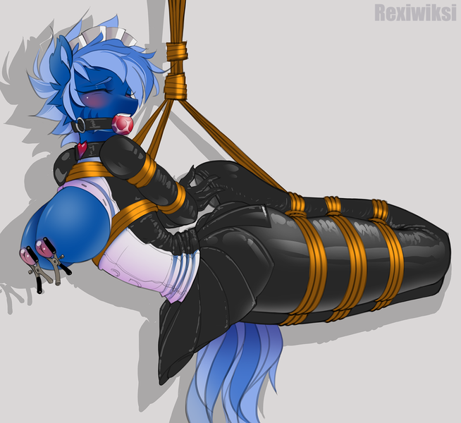 Size: 1600x1469 | Tagged: explicit, artist:rexiwiksi, derpibooru import, oc, oc:dark straw, unofficial characters only, anthro, earth pony, ballgag, big breasts, bondage, breasts, clothes, eyes closed, gag, gagging, huge breasts, image, latex, latex suit, maid, nipple clamps, nipples, nudity, png, rope, rope bondage, skirt, solo, suspended, tied