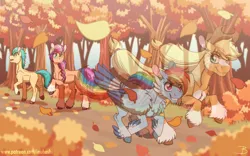 Size: 2400x1500 | Tagged: safe, artist:inuhoshi-to-darkpen, derpibooru import, applejack, hitch trailblazer, rainbow dash, sunny starscout, earth pony, pegasus, pony, fall weather friends, applejack's hat, autumn, blaze (coat marking), cheek fluff, chest fluff, coat markings, confident, cowboy hat, ear fluff, facial markings, feathered fetlocks, female, g4, g4 to g5, g5, generation leap, grin, hat, hoof fluff, illusion, image, leaf, leg fluff, looking at each other, looking at someone, looking back, male, mare, open mouth, png, raised hoof, running, smiling, socks (coat marking), stallion, tail, tail feathers, tree, unshorn fetlocks