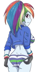 Size: 1987x3543 | Tagged: suggestive, artist:sumin6301, derpibooru import, rainbow dash, equestria girls, breasts, busty rainbow dash, butt, cleavage, clothes, female, gloves, high res, image, jpeg, looking back, open mouth, rainbutt dash, simple background, solo, solo female, white background