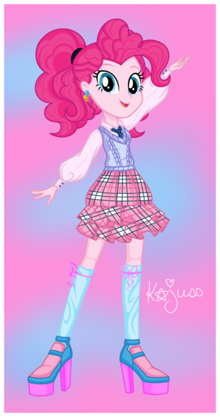 Size: 1600x3032 | Tagged: safe, artist:machakar52, derpibooru import, pinkie pie, human, equestria girls, alternate hairstyle, clothes, cutie mark accessory, cutie mark earrings, ear piercing, earring, female, high heels, image, jewelry, looking at you, necktie, piercing, png, ponytail, school uniform, shoes, socks, solo, winx club