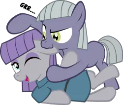 Size: 1000x852 | Tagged: safe, artist:magerblutooth, derpibooru import, limestone pie, maud pie, biting, clothes, cute, ear bite, growling, image, limabetes, maudabetes, one eye closed, playing, png, simple background, smiling, sports, transparent background, when she smiles, wrestling, younger