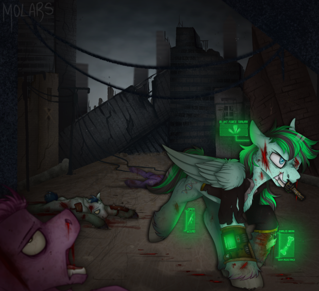 Size: 2300x2100 | Tagged: grimdark, artist:molars, derpibooru import, oc, oc:sour bleu, earth pony, pegasus, pony, fallout equestria, angry, apocalypse, ashes town, blank flank, blood, blood dripping, blue eyes, blue fur, broken horn, broken leg, city, cityscape, colored hooves, cutie mark, dead, detailed background, exposed bone, eyes rolling back, folded wings, glow, glowing screen, gritted teeth, gun, handgun, hologram, horn, image, injured, limping, long mane, lying down, mouth held gun, multiple characters, nosebleed, open mouth, pipbuck, pistol, png, raider, raiders, road, scratching, teeth, telephone pole, unshorn fetlocks, walking, wasteland, weapon, wings, wires
