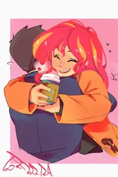 Size: 800x1200 | Tagged: safe, artist:sozglitch, derpibooru import, sunset shimmer, oc, oc:generic messy hair anime anon, human, equestria girls, canon x oc, clothes, coat, coffee cup, cup, eyes closed, female, hug, image, jpeg, male, open mouth, open smile, passepartout, shipping, smiling, straight