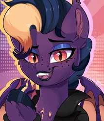 Size: 1700x1990 | Tagged: safe, artist:joaothejohn, derpibooru import, oc, oc:bea, bat pony, pony, bat pony oc, bat wings, challing card, clothes, commission, hooves, image, jacket, looking at you, png, simple background, smiling, teeth, wings
