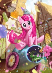 Size: 1000x1414 | Tagged: dead source, safe, artist:oboollu ob, derpibooru import, gummy, pinkie pie, alligator, earth pony, pony, balloon, confetti, happy, hat, image, jpeg, looking at you, party cannon, party hat, pinkamena diane pie, ponyville, smiling