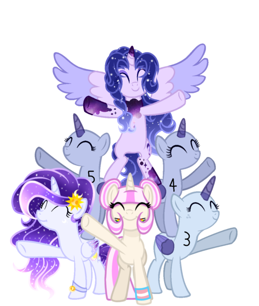 Size: 1156x1366 | Tagged: safe, artist:existencecosmos188, derpibooru import, oc, oc:existence, unofficial characters only, pony, base used, collaboration, ethereal mane, eyes closed, female, group, image, mare, png, simple background, smiling, spread wings, starry mane, transparent background, wings