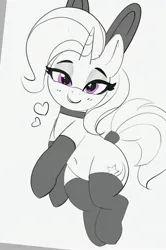 Size: 2101x3159 | Tagged: safe, artist:pabbley, derpibooru import, trixie, pony, unicorn, bedroom eyes, belly button, bunny ears, choker, clothes, heart, image, jpeg, lidded eyes, looking at you, partial color, smiling, smiling at you, socks, solo, stockings, tail, tail wrap, thigh highs