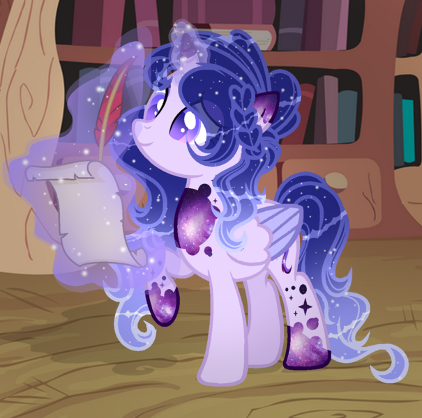 Size: 1024x1015 | Tagged: safe, artist:existencecosmos188, derpibooru import, oc, oc:existence, unofficial characters only, alicorn, pony, alicorn oc, base used, ethereal mane, female, glow, glowing horn, horn, image, indoors, library, magic, mare, png, quill, raised hoof, scroll, simple background, solo, starry mane, telekinesis, transparent background, wings