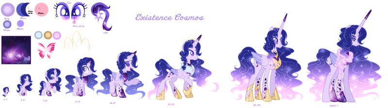 Size: 5614x1570 | Tagged: safe, artist:existencecosmos188, derpibooru import, oc, oc:existence, unofficial characters only, alicorn, pony, age progression, alicorn oc, ethereal mane, female, hoof shoes, horn, image, mare, png, simple background, starry mane, transparent background, wings