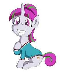 Size: 1022x1225 | Tagged: safe, artist:soccy, derpibooru import, oc, oc:zippi, unofficial characters only, pony, unicorn, derpibooru community collaboration, 2023 community collab, clothes, female, filly, foal, image, leotard, png, simple background, sitting, smiling, solo, transparent background