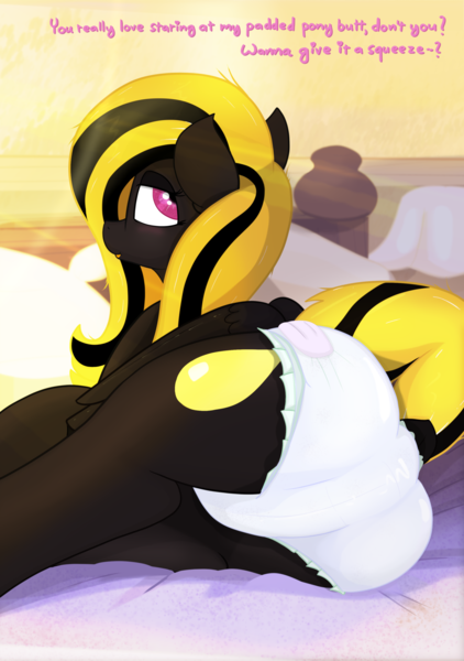 Size: 1518x2160 | Tagged: questionable, alternate version, artist:not_texmex, derpibooru import, oc, oc:golden sunrise, unofficial characters only, pegasus, pony, bed, bedroom, butt, derpibooru exclusive, dialogue, diaper, diaper fetish, dock, female, fetish, folded wings, image, looking back, lying down, messy mane, morning, open mouth, open smile, plot, png, side, smiling, solo, solo female, tail, wings