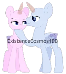 Size: 3448x3888 | Tagged: safe, artist:existencecosmos188, derpibooru import, oc, unofficial characters only, alicorn, pony, alicorn oc, base, colored wings, duo, eyelashes, female, horn, image, male, mare, png, raised hoof, simple background, stallion, transparent background, two toned wings, unamused, wings