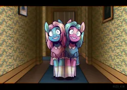 Size: 4096x2896 | Tagged: safe, artist:lrusu, derpibooru import, aloe, lotus blossom, earth pony, pony, alternate hairstyle, clothes, creepy, creepy smile, dress, grin, hairclip, hallway, image, jpeg, looking at you, parody, smiling, socks, the shining, wide hips