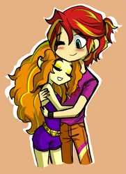 Size: 1073x1482 | Tagged: safe, artist:daazzlin, derpibooru import, adagio dazzle, sunset shimmer, equestria girls, blushing, cropped, duo, female, half r63 shipping, image, lesbian, male, png, rule 63, shipping, simple background, smiling, straight, sunsagio, sunset glare