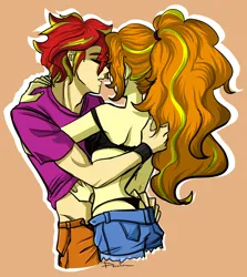 Size: 1204x1348 | Tagged: suggestive, artist:daazzlin, derpibooru import, adagio dazzle, sunset shimmer, equestria girls, blushing, clothes, cropped, duo, female, half r63 shipping, image, lesbian, male, png, rule 63, shipping, simple background, smiling, straight, sunsagio, sunset glare, underwear
