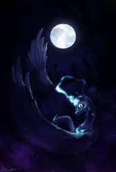 Size: 1446x2148 | Tagged: safe, artist:anticular, derpibooru import, nightmare moon, alicorn, pony, flying, full moon, image, jpeg, magic, moon, solo, spread wings, wings