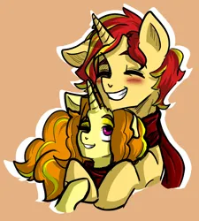 Size: 1076x1196 | Tagged: safe, artist:daazzlin, derpibooru import, adagio dazzle, sunset shimmer, pony, unicorn, blushing, cropped, duo, female, half r63 shipping, image, lesbian, male, png, rule 63, shipping, simple background, smiling, straight, sunsagio, sunset glare