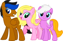 Size: 2561x1705 | Tagged: safe, derpibooru import, oc, oc:dariusii, oc:dia, oc:pink spinach, unofficial characters only, pegasus, pony, derpibooru community collaboration, 2023 community collab, female, high res, image, male, mare, png, simple background, stallion, transparent background, trio