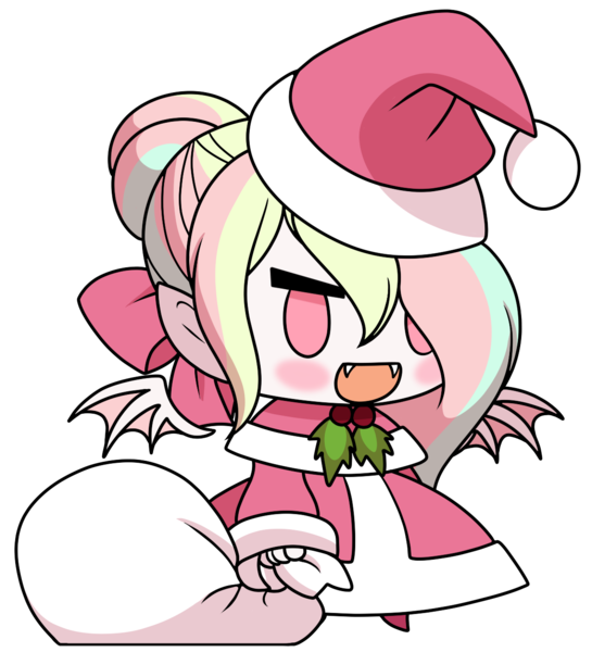 Size: 1198x1319 | Tagged: safe, artist:pearlyiridescence, derpibooru import, oc, oc:pearly iridescence, unofficial characters only, human, bat wings, chibi, christmas, clothes, costume, fangs, fate/stay night, female, hat, holiday, holly, humanized, humanized oc, image, padoru, parody, png, santa costume, santa hat, simple background, solo, transparent background, wings
