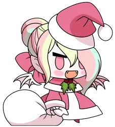 Size: 1198x1319 | Tagged: safe, artist:pearlyiridescence, derpibooru import, oc, oc:pearly iridescence, unofficial characters only, human, bat wings, chibi, christmas, clothes, costume, fangs, fate/stay night, female, hat, holiday, holly, humanized, humanized oc, image, padoru, parody, png, santa costume, santa hat, simple background, solo, transparent background, wings