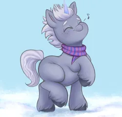 Size: 2066x1985 | Tagged: safe, artist:sallylla, derpibooru import, pony, unicorn, alphabetes, alphabittle blossomforth, clothes, colt, colt alphabittle blossomforth, cute, eyes closed, foal, freckles, g5, happy, hooves, image, jpeg, male, raised hoof, scarf, simple background, smiling, snow, solo, unshorn fetlocks, walking, winter, younger