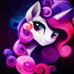 Size: 1024x1024 | Tagged: safe, ai content, derpibooru import, machine learning generated, purplesmart.ai, stable diffusion, sweetie belle, pony, unicorn, g4, bust, curly hair, curly mane, female, generator:purplesmart.ai, horn, image, looking sideways, mare, png, portrait, prompter:zealousmagician, smiling, solo, wrong eye color