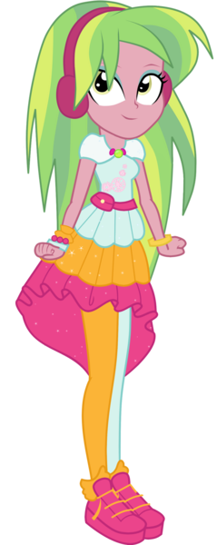 Size: 1280x3213 | Tagged: safe, artist:ajosterio, derpibooru import, lemon zest, equestria girls, equestria girls series, festival looks, spoiler:eqg series (season 2), clothes, clothes swap, female, headphones, image, leggings, looking up, png, pouch, shoes, simple background, smiling, solo, transparent background