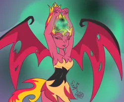Size: 3300x2700 | Tagged: safe, artist:erynerikard, derpibooru import, sunset shimmer, demon, human, equestria girls, armpits, breasts, cleavage, clothes, dress, eyes closed, female, image, open mouth, png, raised arms, scene interpretation, solo, spread wings, sunset satan, wings