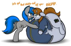 Size: 3072x2000 | Tagged: suggestive, artist:aaathebap, derpibooru import, oc, oc:homage, oc:littlepip, unicorn, fallout equestria, belly, belly bed, big belly, clothes, duo, huge belly, image, impossibly large belly, inflation, jumpsuit, nervous, png, squishy, teasing, tight clothing, vault suit
