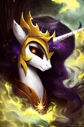 Size: 1408x2112 | Tagged: safe, derpibooru import, editor:mr-bat, machine learning generated, stable diffusion, daybreaker, princess celestia, alicorn, abstract background, angry, armor, breastplate, closed mouth, crown, ethereal mane, fire, floppy ears, galaxy mane, horn, image, jewelry, png, regalia, transformation