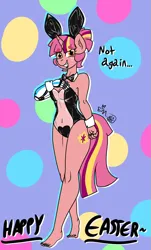 Size: 727x1200 | Tagged: suggestive, artist:erynerikard, derpibooru import, oc, oc:dawn twinkle, unofficial characters only, anthro, plantigrade anthro, unicorn, amputee, barefoot, belly button, bowtie, bunny ears, clothes, cuffs (clothes), ear fluff, easter, feet, female, freckles, grin, happy easter, holiday, image, leotard, looking at you, magical lesbian spawn, offspring, parent:sunset shimmer, parent:twilight sparkle, parents:sunsetsparkle, png, prosthetic arm, prosthetic limb, prosthetics, see-through, smiling, solo, solo female