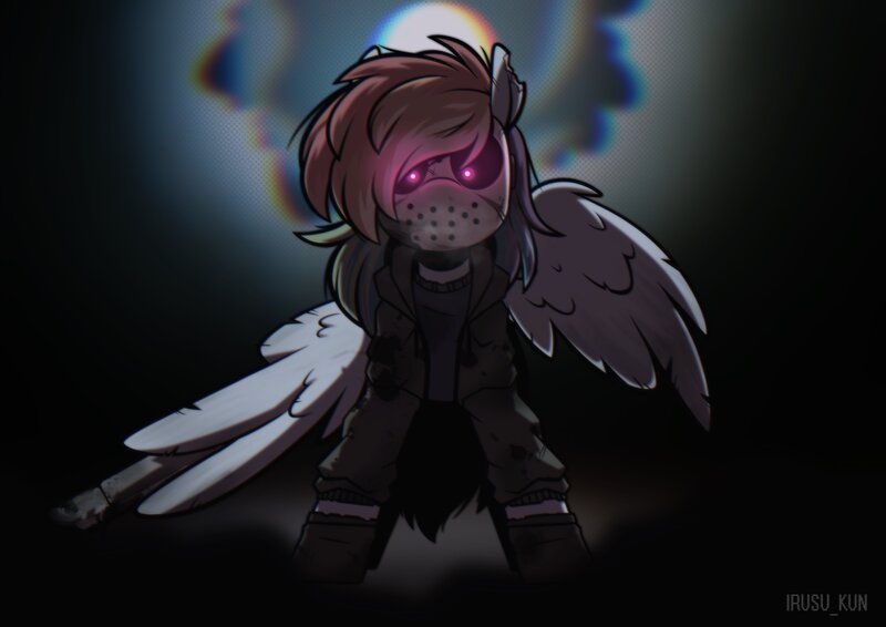 Size: 4096x2896 | Tagged: semi-grimdark, artist:lrusu, derpibooru import, pegasus, pony, blood, clothes, glow, glowing horn, hockey mask, horn, image, jacket, jason voorhees, jpeg, leather, leather jacket, looking at you, mask, parody, solo, spread wings, wings