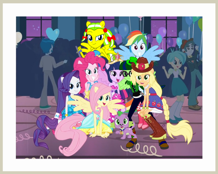 Size: 998x801 | Tagged: safe, artist:ajosterio, derpibooru import, edit, edited screencap, screencap, applejack, fluttershy, pinkie pie, rainbow dash, rarity, sci-twi, spike, twilight sparkle, dog, equestria girls, equestria girls (movie), fall formal outfits, humane five, humane six, image, png, spike the dog