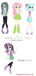 Size: 626x1302 | Tagged: safe, artist:prettycelestia, derpibooru import, coco pommel, fluttershy, marble pie, equestria girls, boots, bowtie, clothes, equestria girls-ified, eyeshadow, flower, flower in hair, fusion, high heel boots, image, long socks, makeup, multiple arms, png, school uniform, shoes, simple background, the council of shy ponies, trio, white background